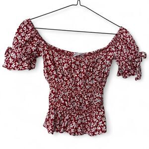 Reformation Size S Red Smocked Top with Cream Floral & Blue Accent Dots